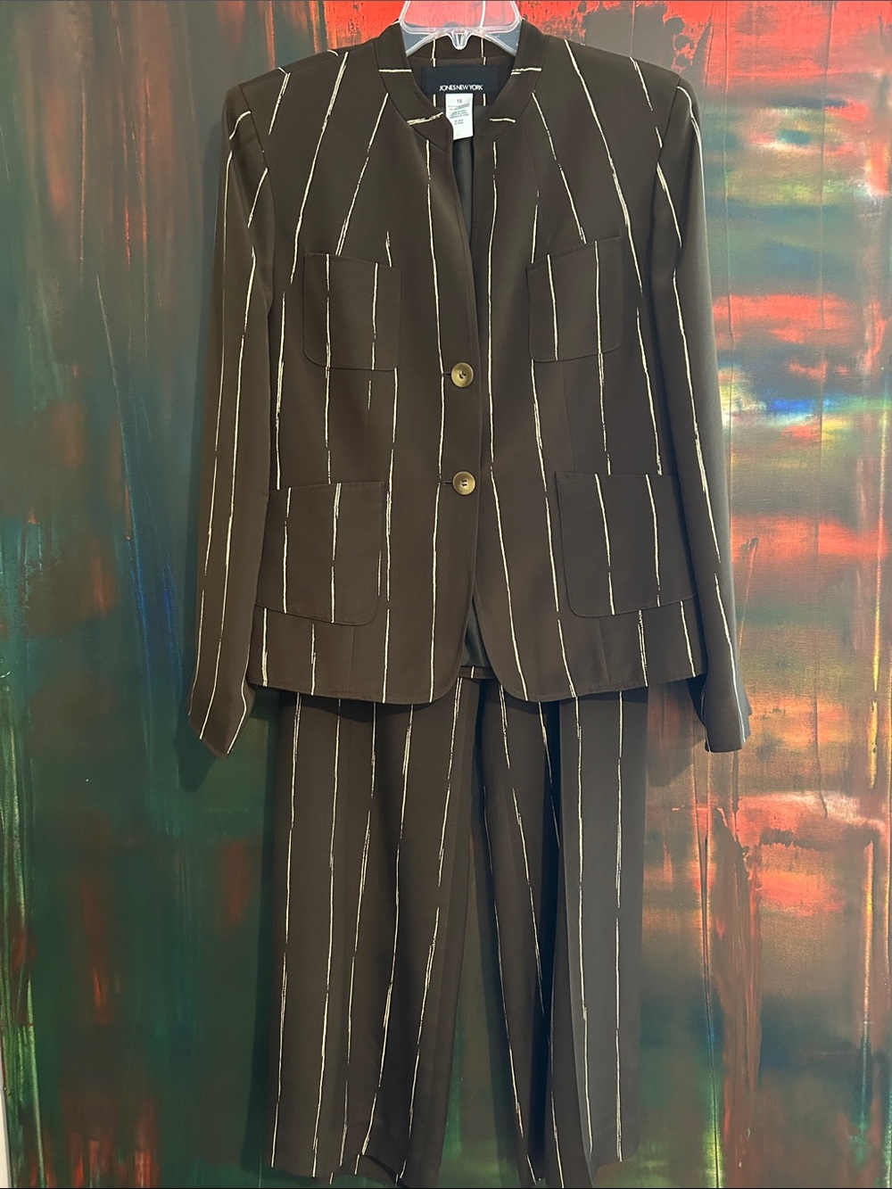 Jones New York Brown Pinstripe Women's Blazer & Pants Set